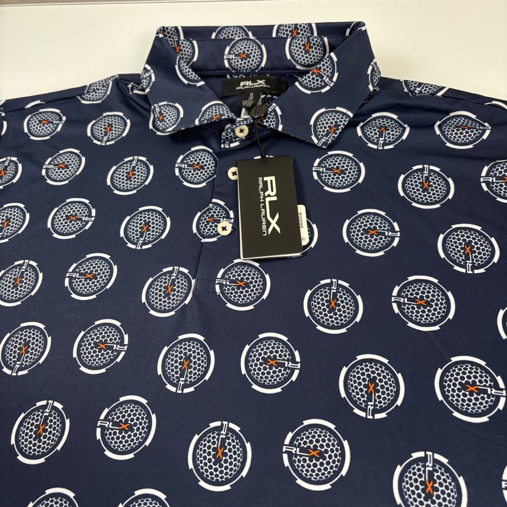 RLX Ralph Lauren Mens XL Navy Golf Ball Print Polo Shirt New Performance Stretch